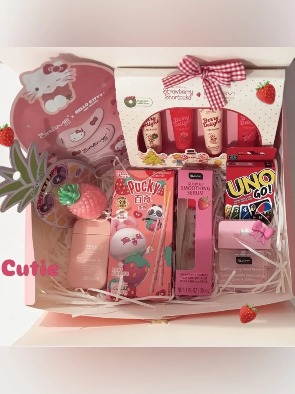 Hello Kitty Pink Gift Set with strawberry 🍓 self Care things & Snacks